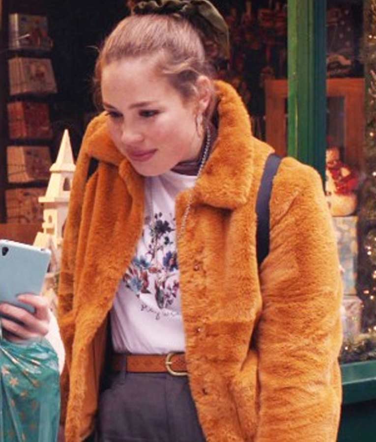 "Women’s orange shearling jacket inspired by Emma in My Dad’s Christmas Date."