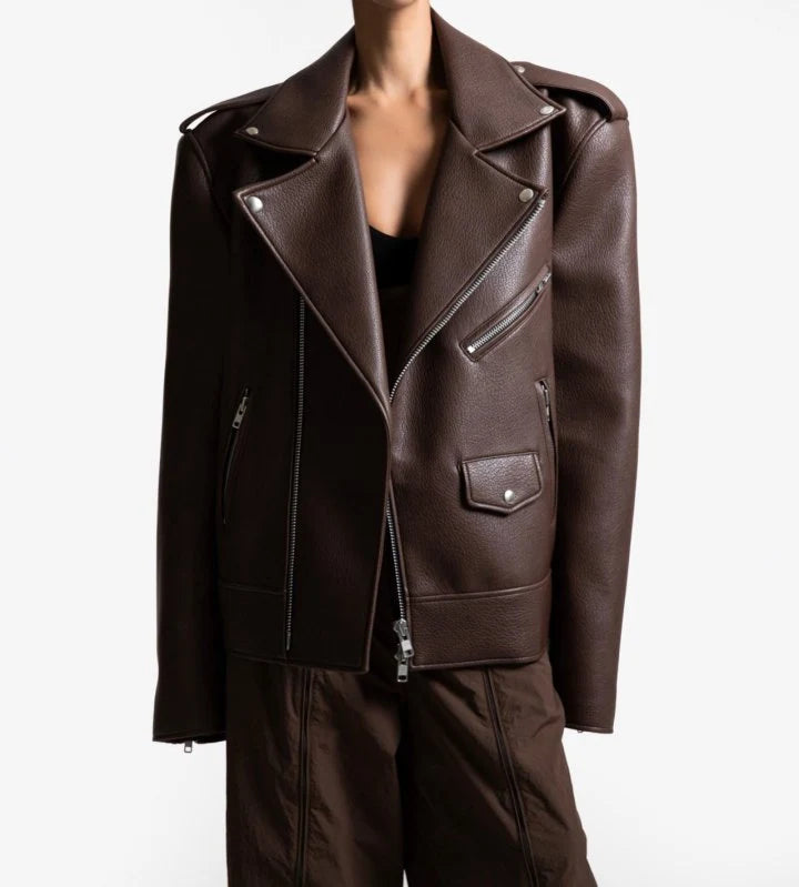 Brown leather jacket on a white background