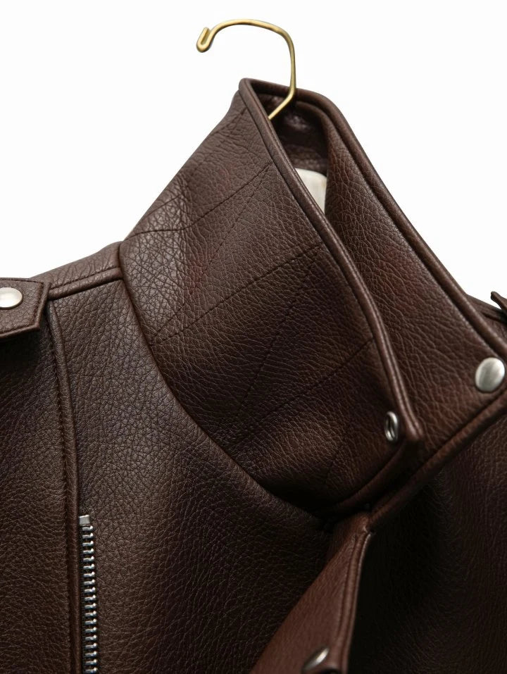 Brown leather jacket on a hanger with a white background