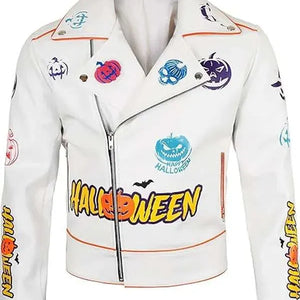 Shop Halloween Pumpkin White Biker Leather Jacket