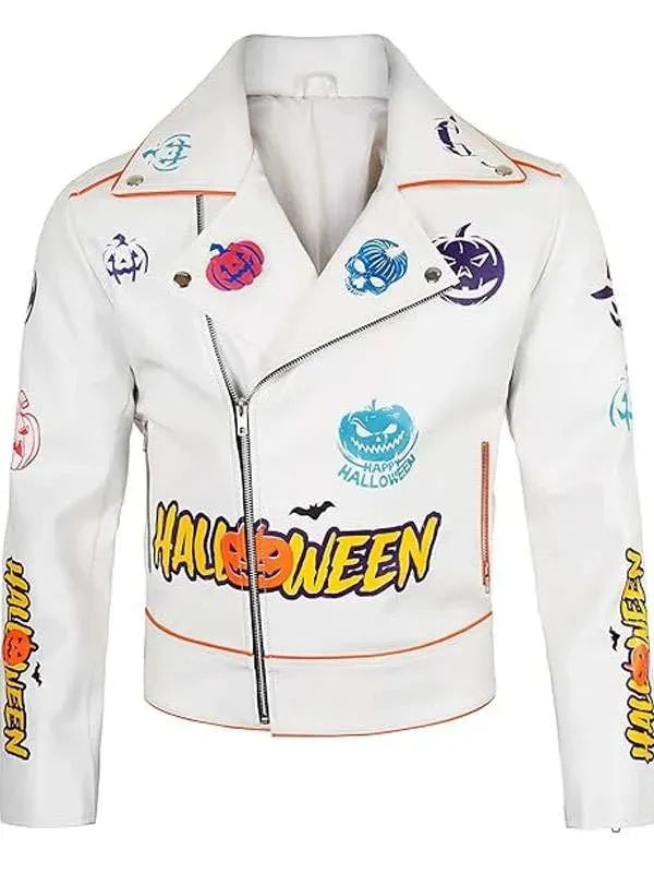 Shop Halloween Pumpkin White Biker Leather Jacket