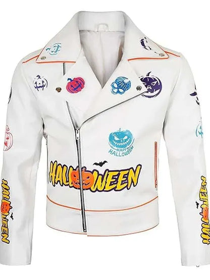 Shop Halloween Pumpkin White Biker Leather Jacket