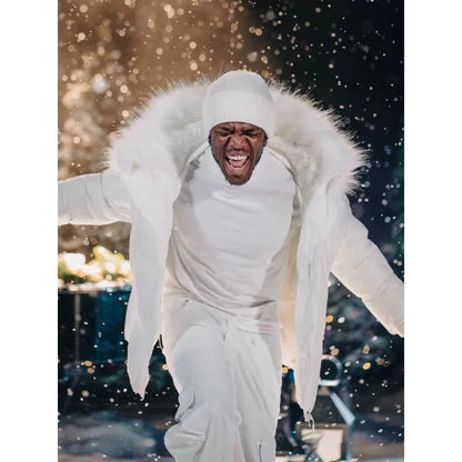 "Sidemen Christmas Drillings hooded puffer jacket with white fur, inspired by JME style."
