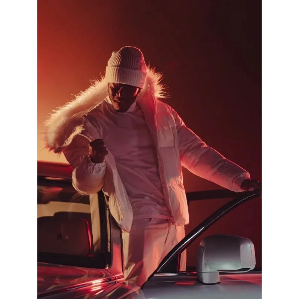 "Sidemen Christmas Drillings hooded puffer jacket with white fur, inspired by JME style."