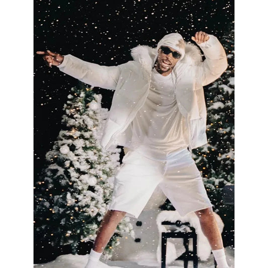 "Sidemen Christmas Drillings hooded puffer jacket with white fur, inspired by JME style."