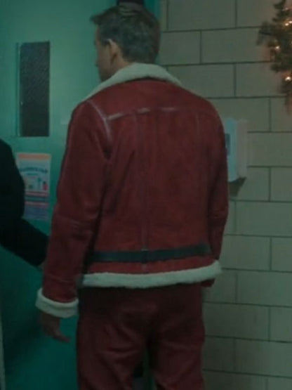 Ryan Reynolds Spirited Jacket – Clint Briggs maroon shearling leather coat inspired by the movie Spirited