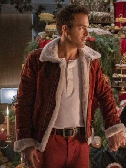 Ryan Reynolds Spirited Jacket – Clint Briggs maroon shearling leather coat inspired by the movie Spirited