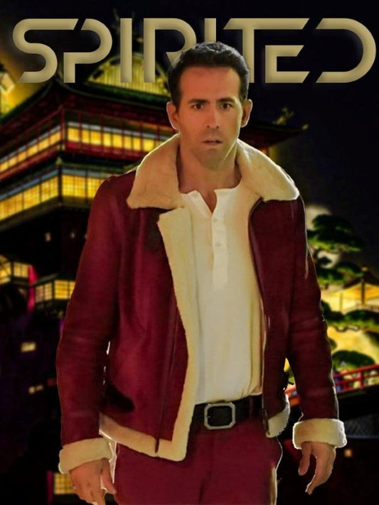 Ryan Reynolds Spirited Jacket – Clint Briggs maroon shearling leather coat inspired by the movie Spirited