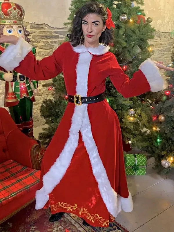 Women’s red velvet Santa coat with white fur trim and belt – Christmas festive style