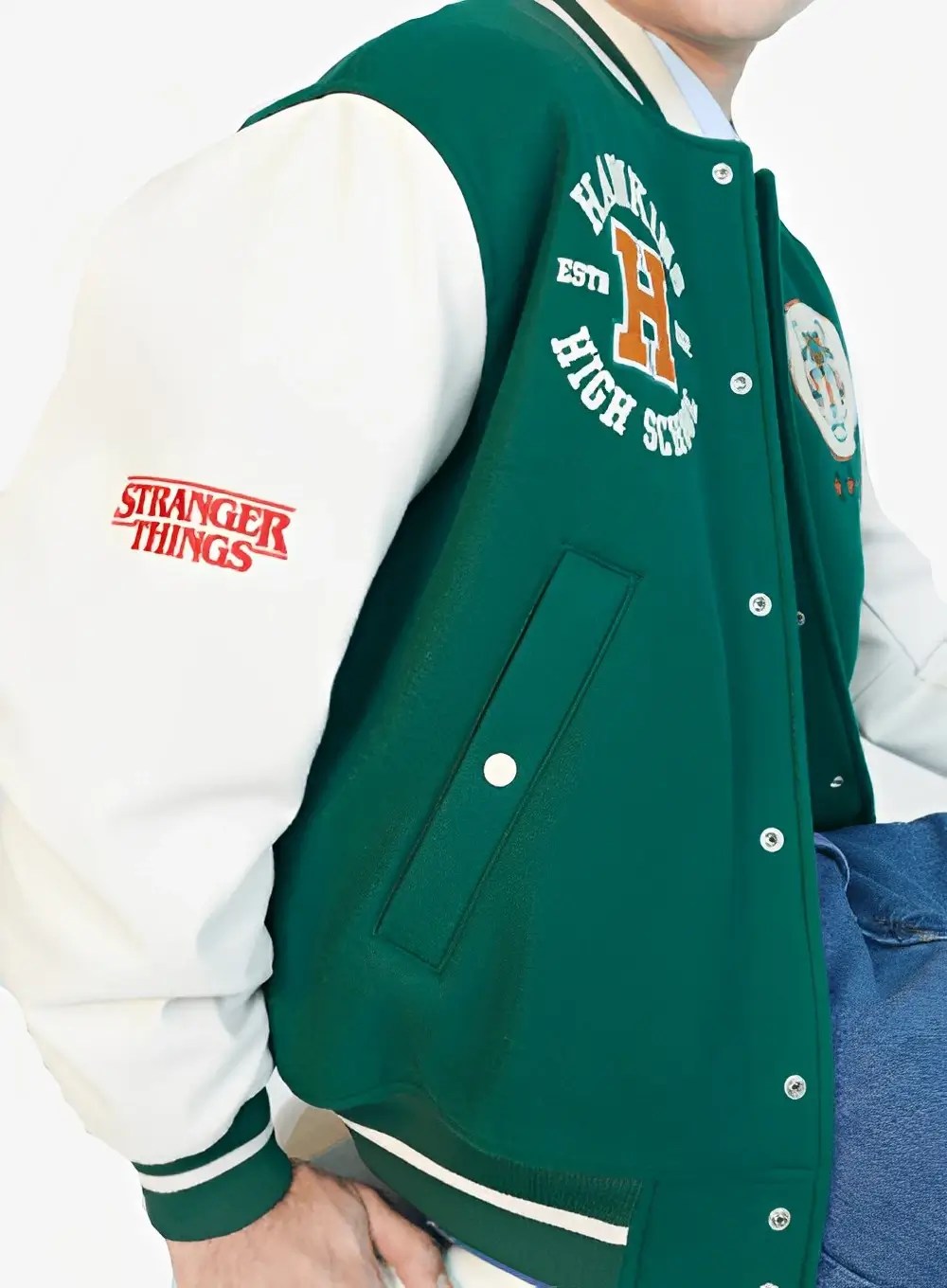Hawkins High Tigers Varsity Jacket inspired by Stranger Things, wool body with leather sleeves