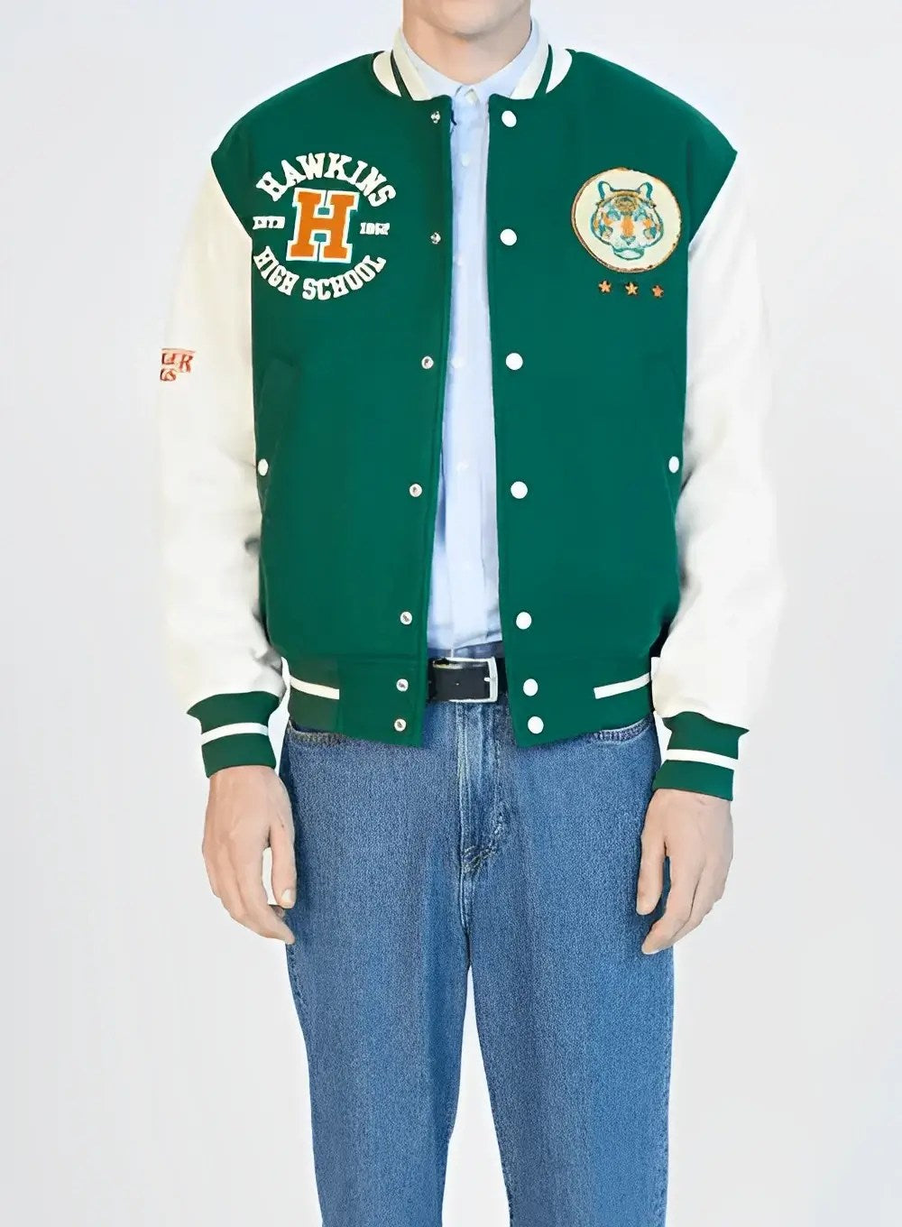 Hawkins High Tigers Varsity Jacket inspired by Stranger Things, wool body with leather sleeves
