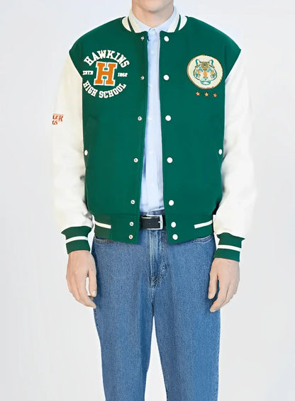 Hawkins High Tigers Varsity Jacket inspired by Stranger Things, wool body with leather sleeves
