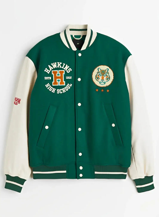 Hawkins High Tigers Varsity Jacket inspired by Stranger Things, wool body with leather sleeves