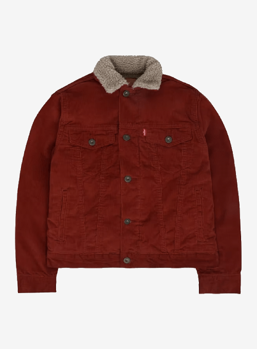 Lucas Sinclair Red Denim Jacket – Stranger Things red denim shearling collar jacket