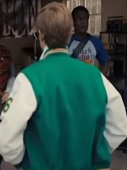 Green and white Stranger Things varsity jacket inspired by Season 4