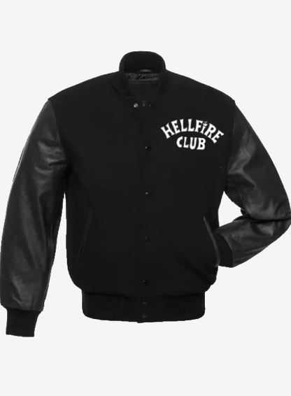Black and white Hellfire Club varsity jacket inspired by Stranger Things Season 4