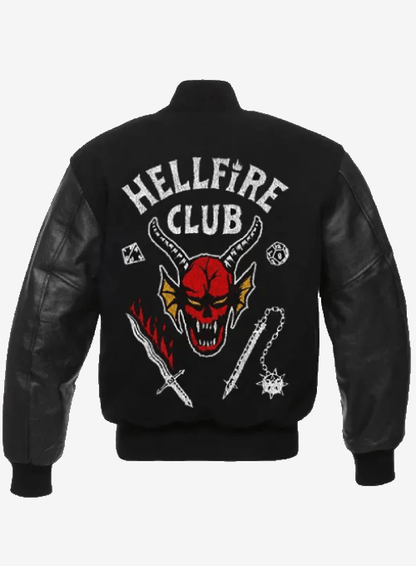 Black and white Hellfire Club varsity jacket inspired by Stranger Things Season 4