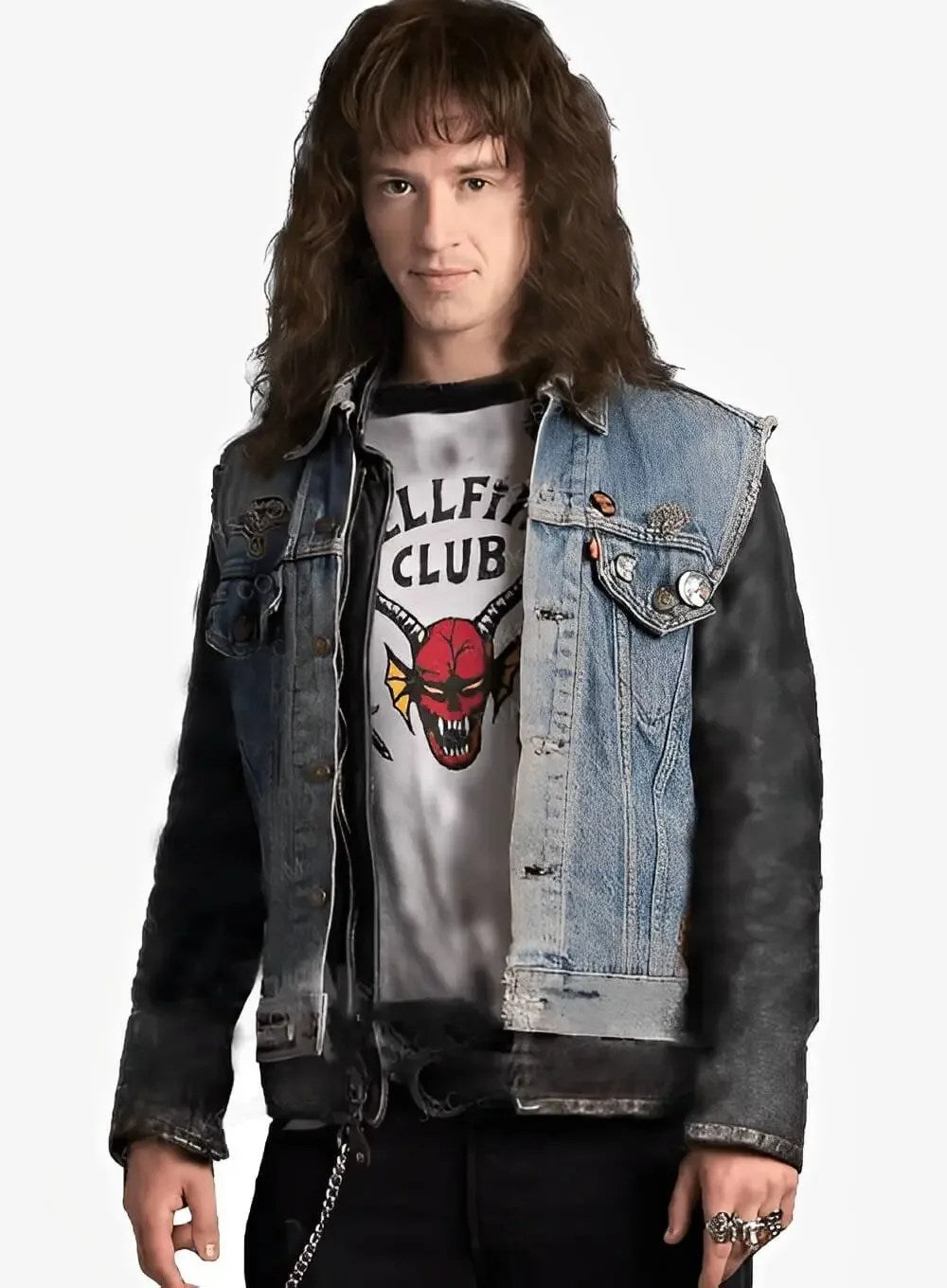 Eddie Munson Stranger Things Season 4 Hellfire denim and leather jacket