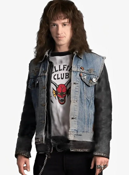 Eddie Munson Stranger Things Season 4 Hellfire denim and leather jacket