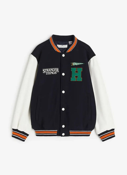Stranger Things Varsity Jacket, black wool with leather sleeves, baseball style