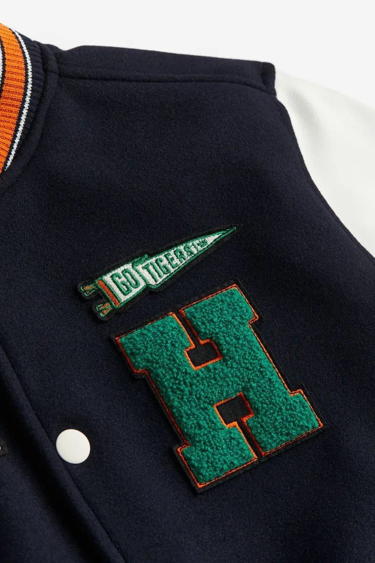 Stranger Things Varsity Jacket, black wool with leather sleeves, baseball style