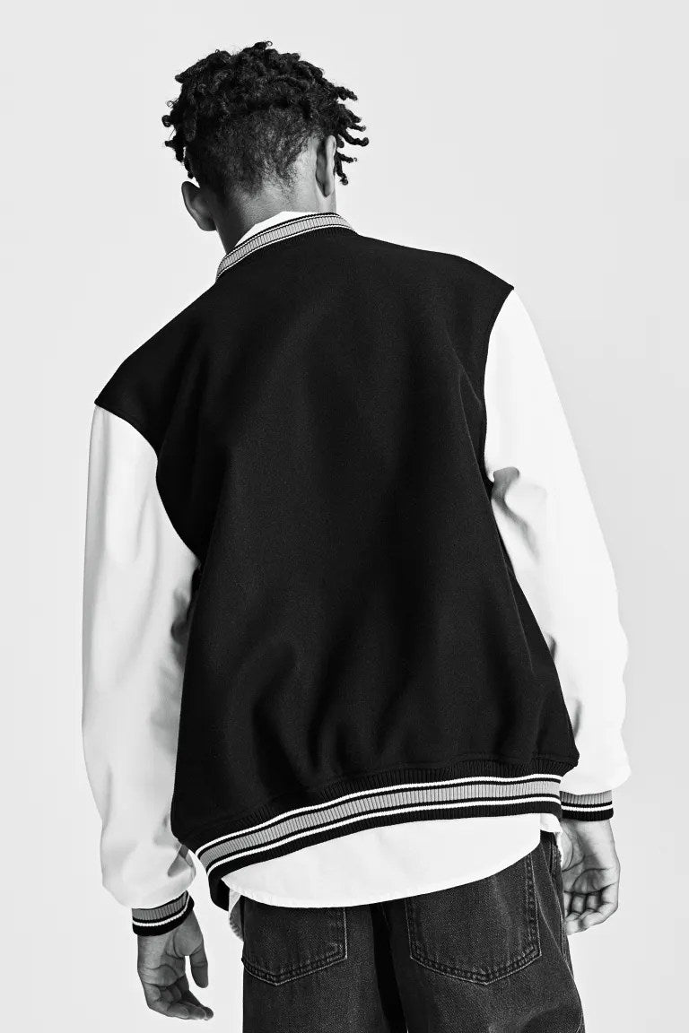 Stranger Things Varsity Jacket, black wool with leather sleeves, baseball style
