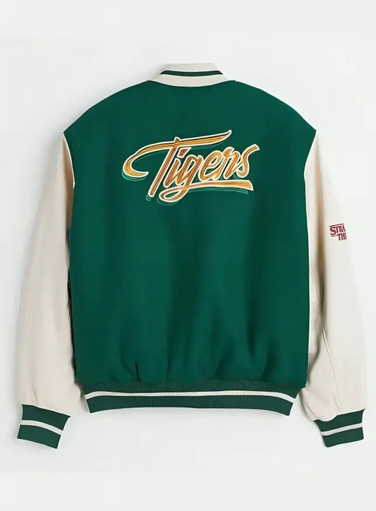 Hawkins High Tigers Varsity Jacket inspired by Stranger Things, wool body with leather sleeves