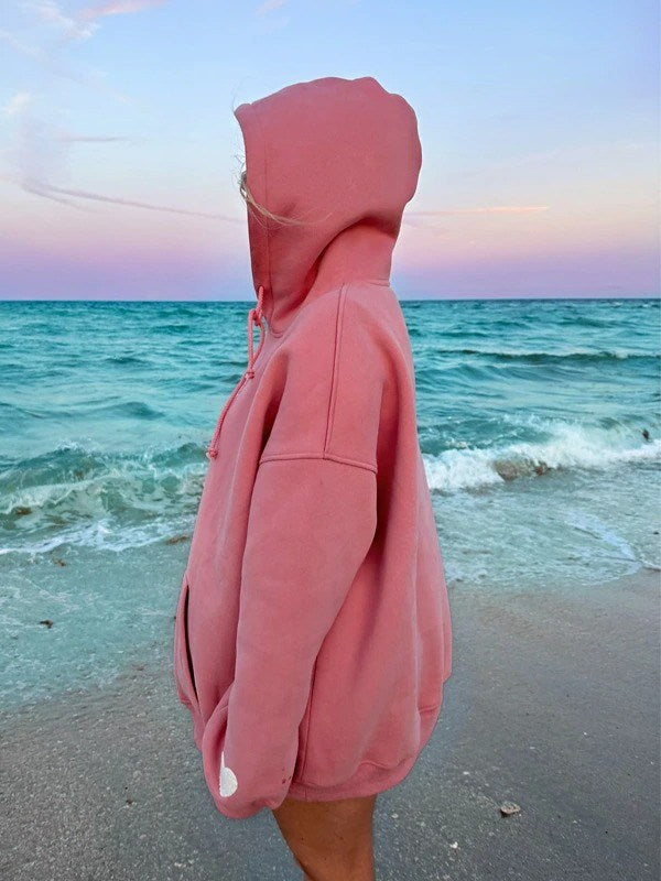 pink oversized hoodie tropical casual cozy outfit