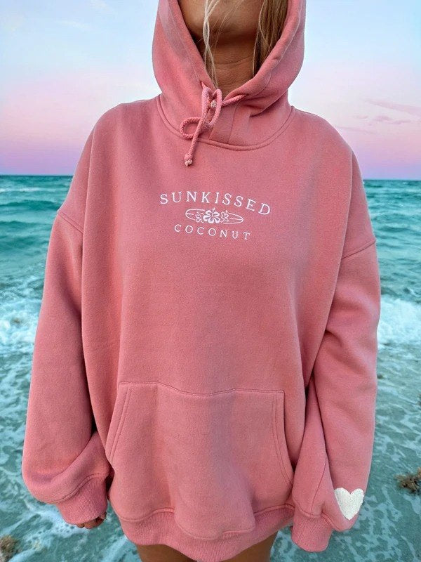 pink oversized hoodie tropical casual cozy outfit