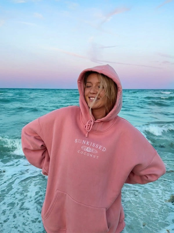 pink oversized hoodie tropical casual cozy outfit