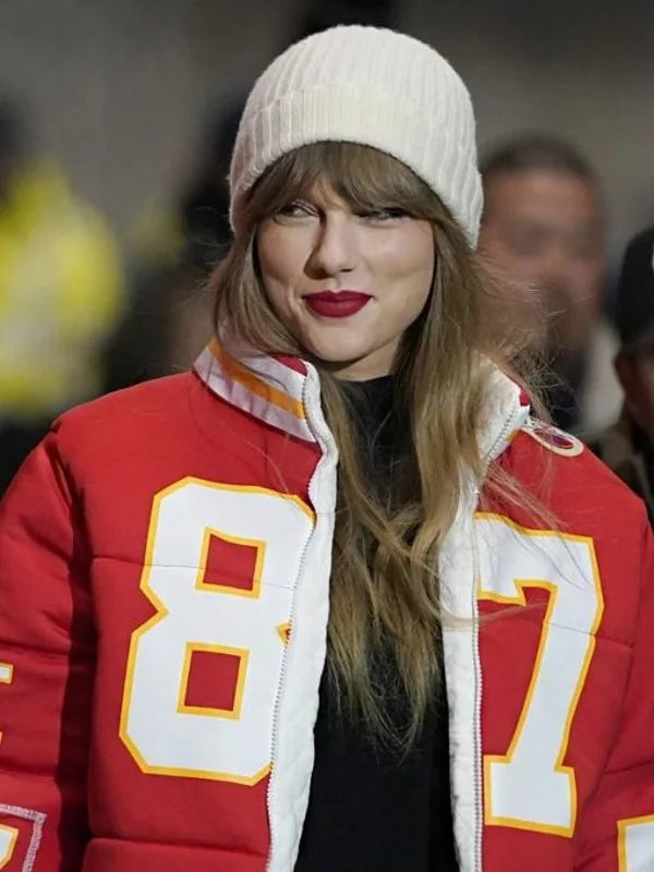 Taylor Swift Kelce 87 Chiefs red puffer jacket, inspired game-day winter coat for women