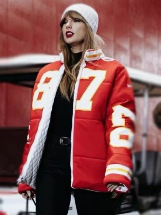 Taylor Swift Kelce 87 Chiefs red puffer jacket, inspired game-day winter coat for women