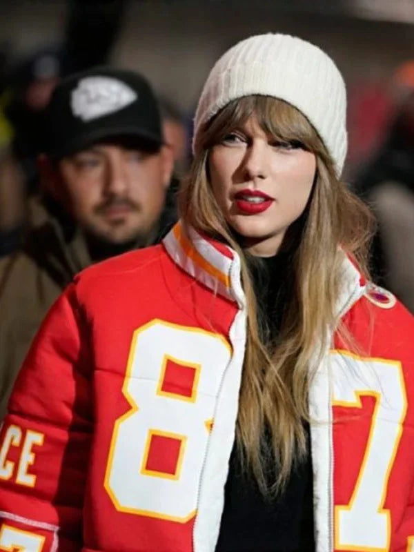 Taylor Swift Kelce 87 Chiefs red puffer jacket, inspired game-day winter coat for women