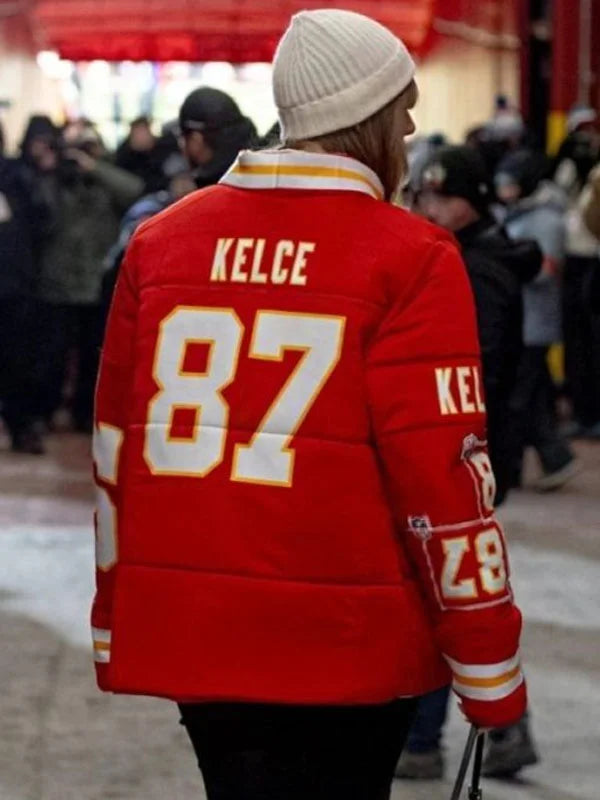 Taylor Swift Kelce 87 Chiefs red puffer jacket, inspired game-day winter coat for women