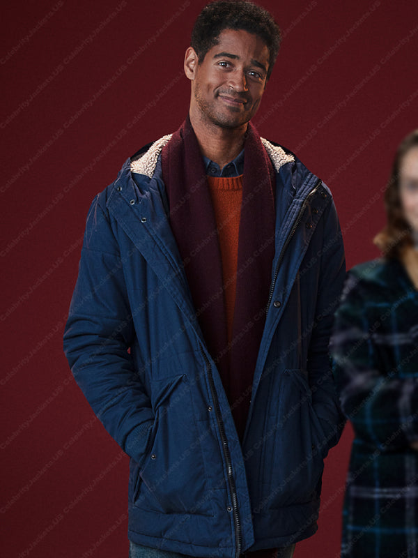 "Blue cotton hooded jacket inspired by Alfred Enoch in This Is Christmas."