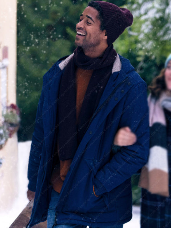 "Blue cotton hooded jacket inspired by Alfred Enoch in This Is Christmas."