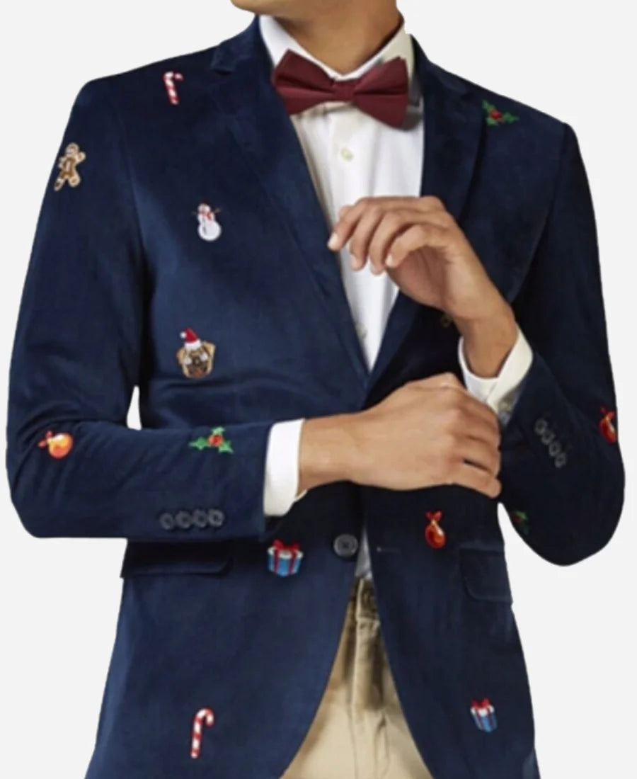 “Men’s Christmas Velvet Blazer in Burgundy, Blue & Black – Elegant Tuxedo Style Holiday Jacket”