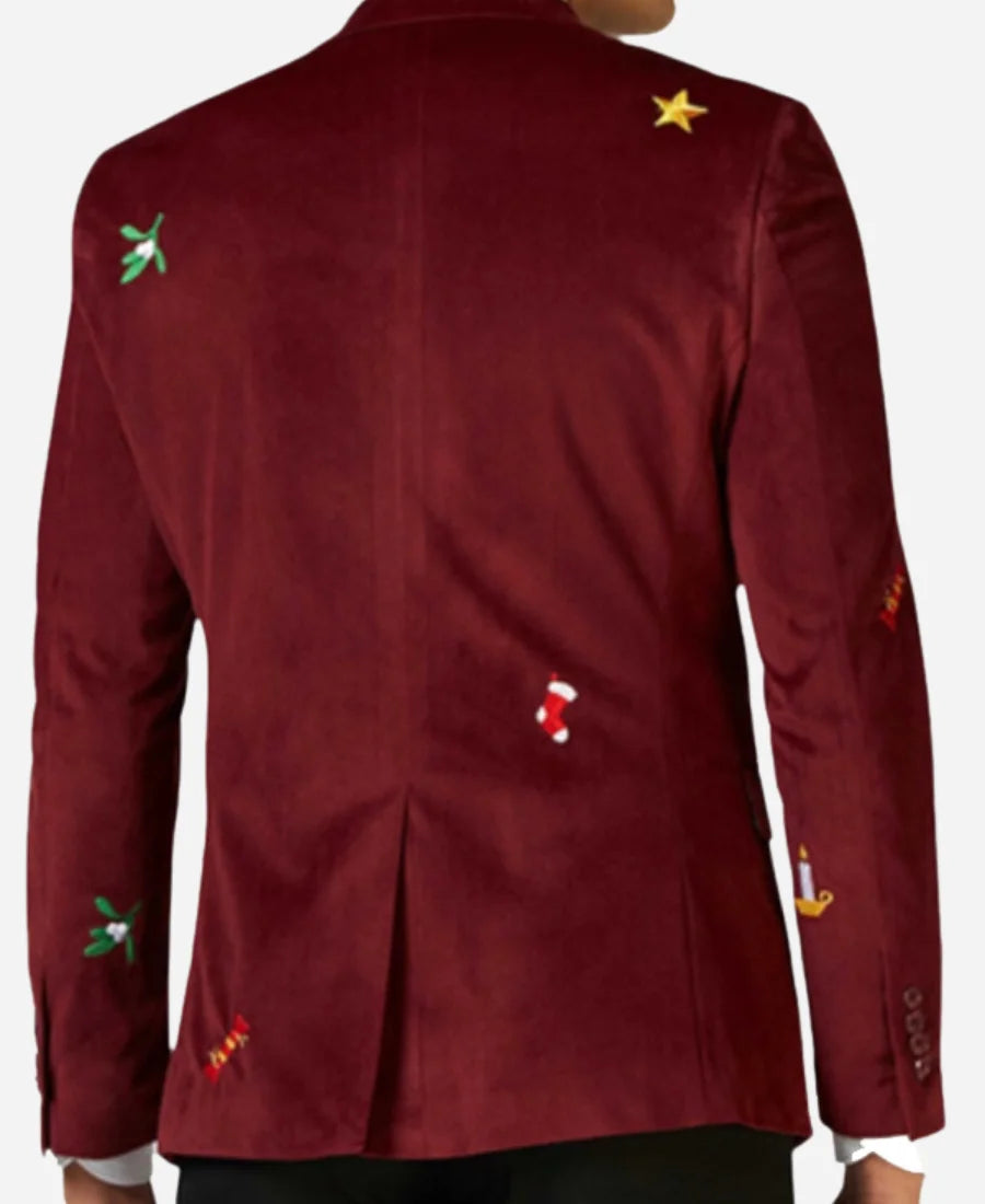 “Men’s Christmas Velvet Blazer in Burgundy, Blue & Black – Elegant Tuxedo Style Holiday Jacket”