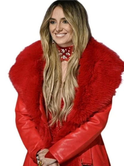 Lainey Wilson red faux leather coat with faux fur trim – festive Christmas outerwear for women