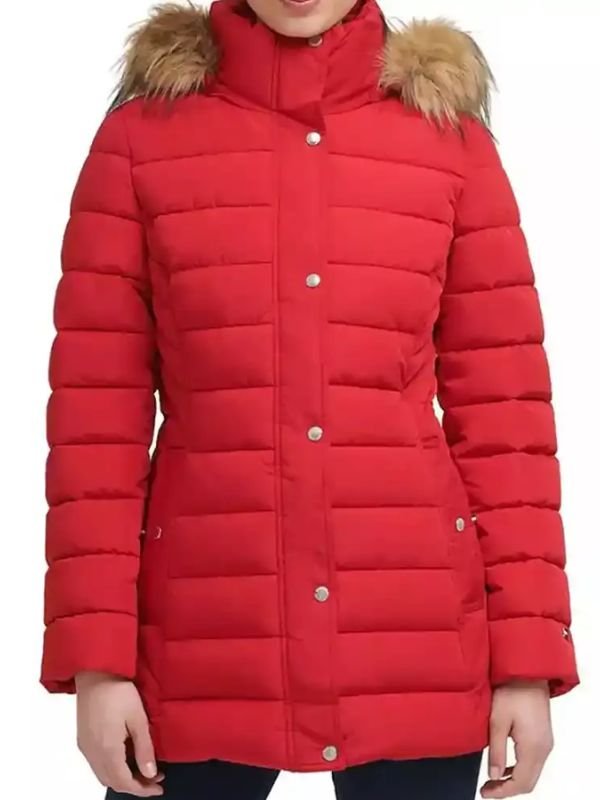 Women’s red parachute shearling hooded coat with fur trim and button-zip front