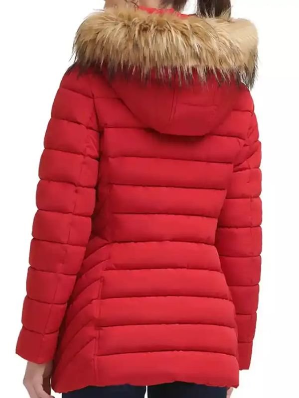 Women’s red parachute shearling hooded coat with fur trim and button-zip front