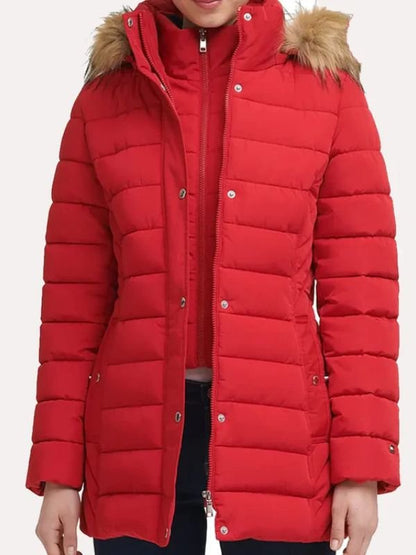 Women’s red parachute shearling hooded coat with fur trim and button-zip front