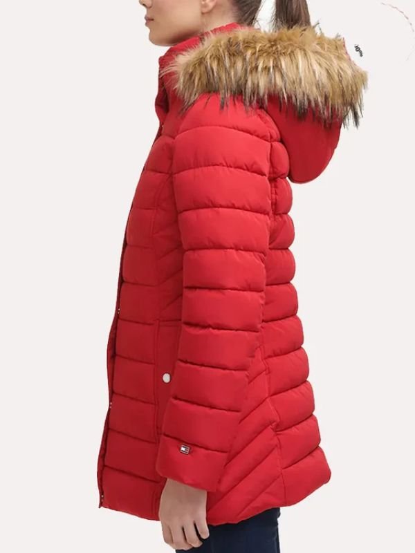 Women’s red parachute shearling hooded coat with fur trim and button-zip front