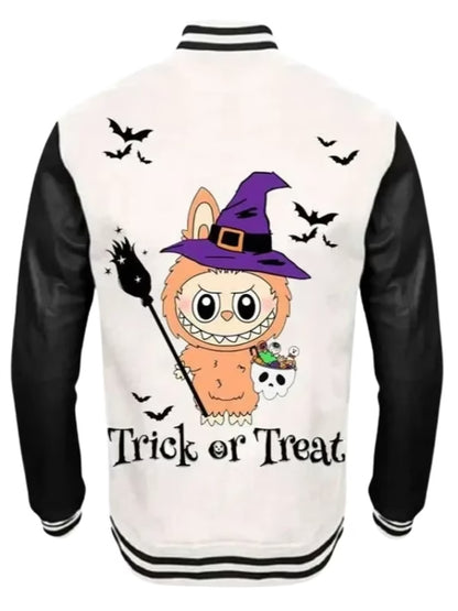 Halloween Labubu x Trick or Treat Black and White Varsity Jacket – Fleece Leather Streetwear | Arna Luxe