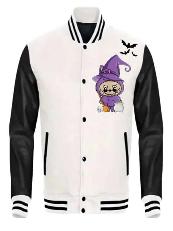 Halloween Labubu x Trick or Treat Black and White Varsity Jacket – Fleece Leather Streetwear | Arna Luxe