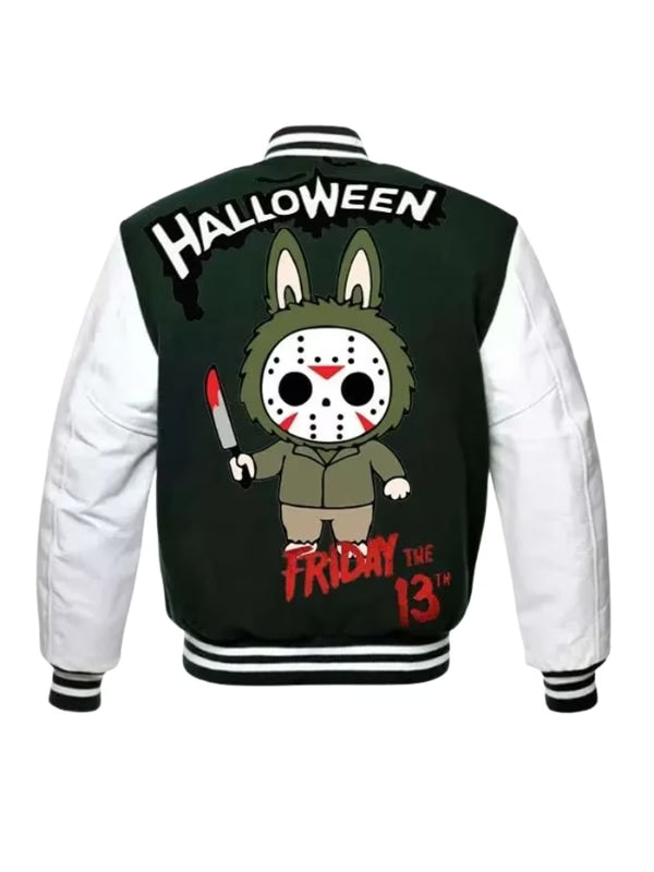 Friday the 13th Labubu x Jason Voorhees Halloween Varsity Jacket – Black & White Unisex Streetwear | Arna Luxe