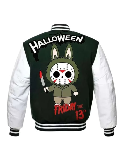 Friday the 13th Labubu x Jason Voorhees Halloween Varsity Jacket – Black & White Unisex Streetwear | Arna Luxe