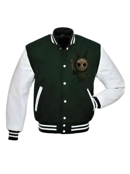 Friday the 13th Labubu x Jason Voorhees Halloween Varsity Jacket – Black & White Unisex Streetwear | Arna Luxe