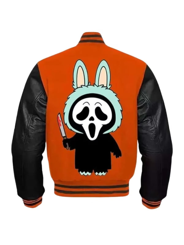 Ghostface x Labubu Varsity Jacket – Halloween Streetwear Orange & Black Wool Leather | Arna Luxe