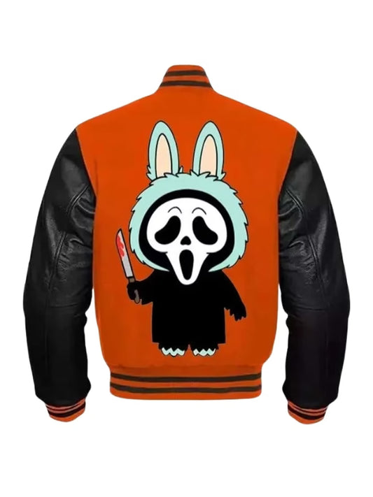 Ghostface x Labubu Varsity Jacket – Halloween Streetwear Orange & Black Wool Leather | Arna Luxe